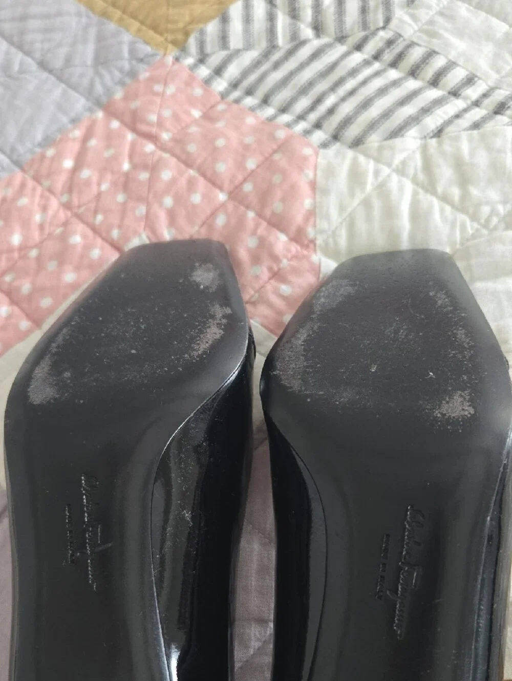 Salvatore Ferragamo Black Patent Leather Square-Toe Pumps with Grosgrain Bow